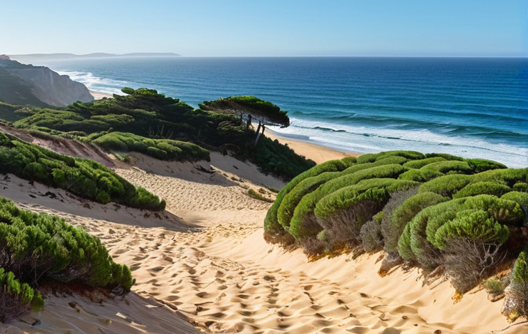 Nature's Embrace: Resilient Portuguese Coasts**
A vibrant, healthy Portuguese coastal landscape, showcasing natural defenses like lush sand dunes stabilized with native vegetation (e.g., umbrella pine trees, *Pinus pinea*), gently sloping towards the Atlantic Ocean. Emphasize the resilience and beauty of these ecosystems as a first line of defense against erosion and rising sea levels. Sunny daylight, clear blue sky, evoking hope and natural harmony with a distinct Portuguese coastal feel.
**