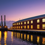 Revitalized Port Creative Hub**
    An old, rustic port warehouse has been dramatically transformed into a bustling contemporary art gallery and creative hub. Its weathered industrial architecture now hosts vibrant graffiti and modern sculptures. Giant, dormant cranes are repurposed as part of an elaborate light and sound installation, casting a mesmerizing glow over the dock area. The scene captures a blend of industrial heritage with cutting-edge art, symbolizing urban revitalization and cultural rebirth in a coastal city.

2.  **